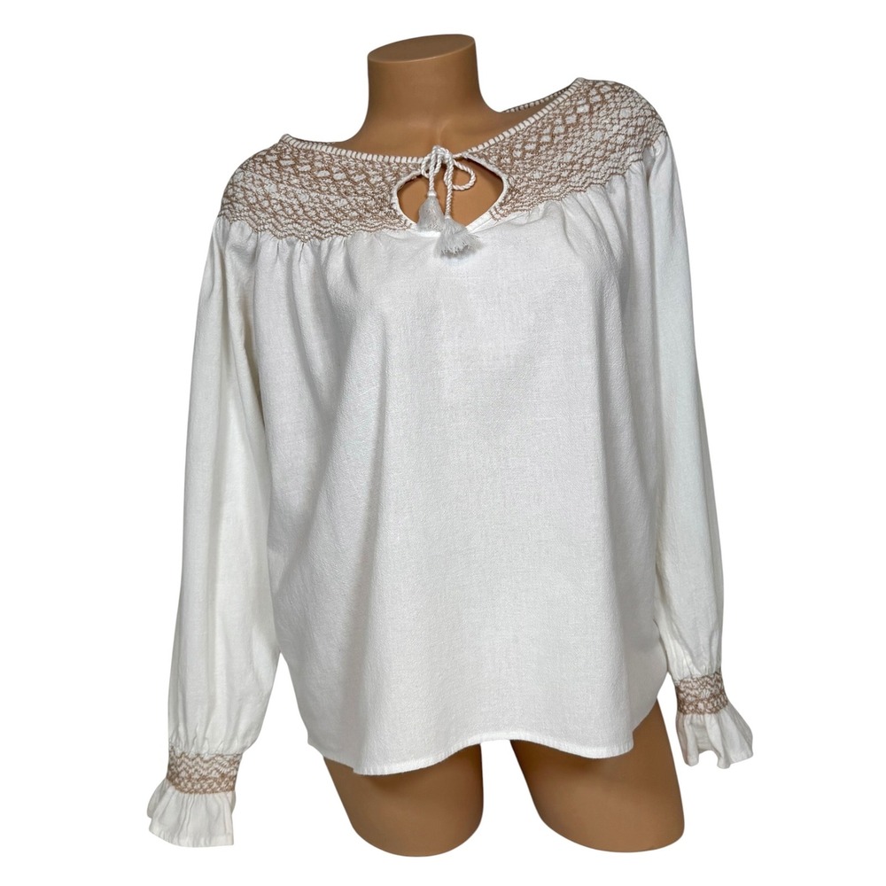 Faherty Laura White Organic Cotton Smocked Embroidered Peasant Blouse Size Small